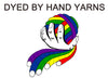 A logo consisting of a bright rainbow coloured ball of yarn held by a hand with the words Dyed By Hand Yarns in black above the image